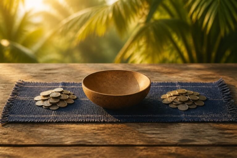 Two separate piles of coins on an indigo cloth with an empty calabash bowl between them in warm morning light.
