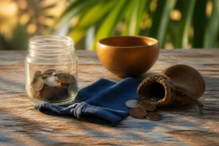 A glass jar of coins and an open leather coin pouch beside a shared calabash bowl on an indigo cloth.