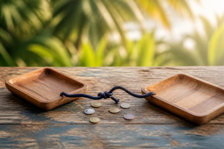 Two empty wooden trays joined by a knotted indigo cord with a few coins scattered between them.