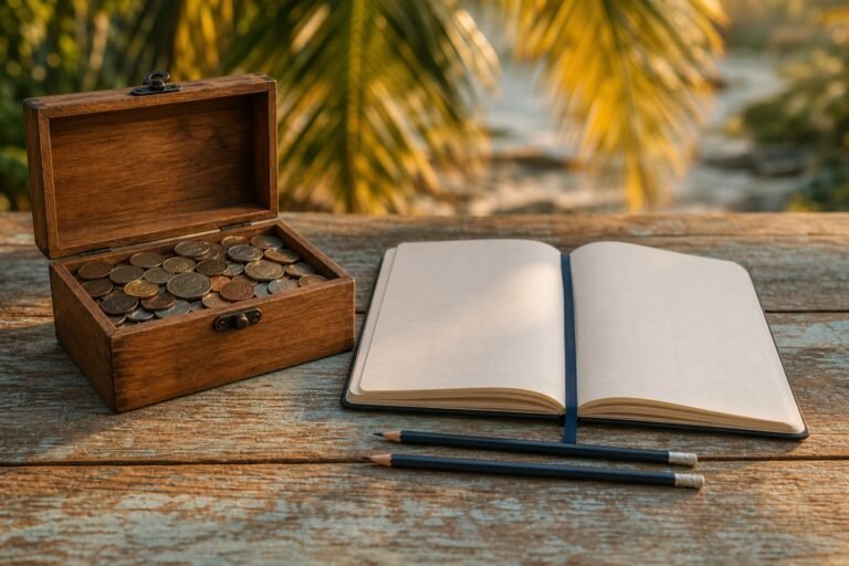 An open wooden money box filled with coins beside a blank ledger and two pencils.
