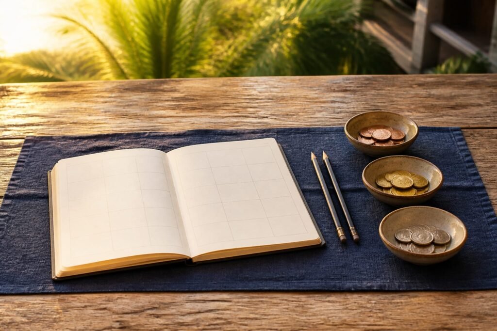 An open planning notebook with two pencils and coins sorted into three small bowls on an indigo cloth.