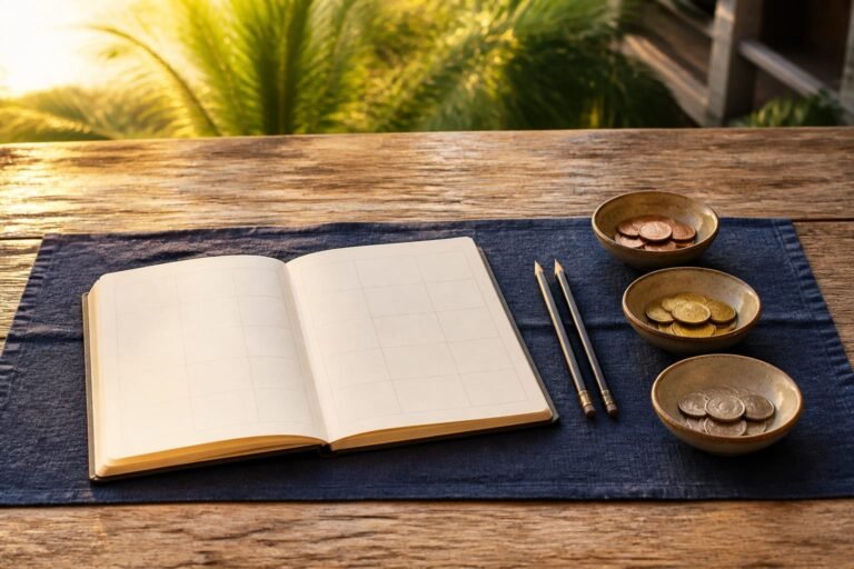 An open planning notebook with two pencils and coins sorted into three small bowls on an indigo cloth.