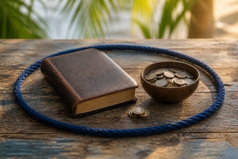 A closed worn Bible and a shared bowl of coins encircled by an indigo braided cord in morning light.
