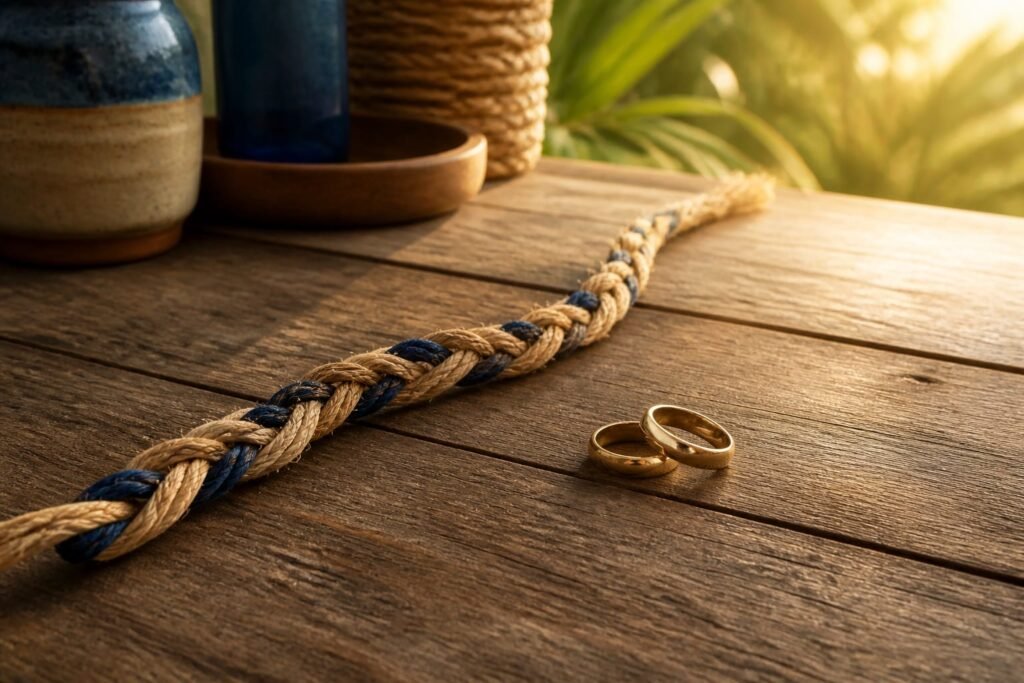 Two wedding rings beside a three-strand braided cord on a wooden table in warm morning light.