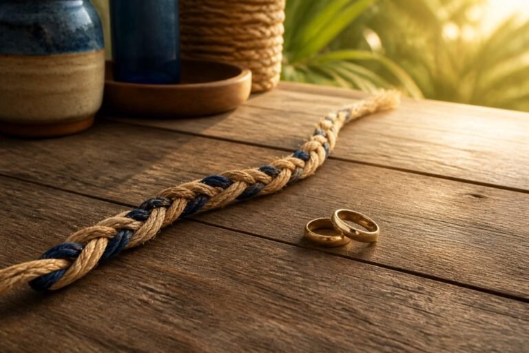 Two wedding rings beside a three-strand braided cord on a wooden table in warm morning light.
