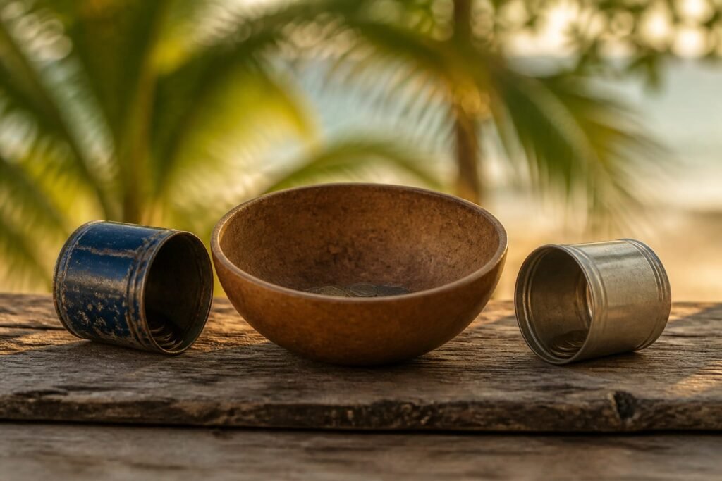 Two small tins tipped towards a shared calabash bowl containing a few coins in warm light.
