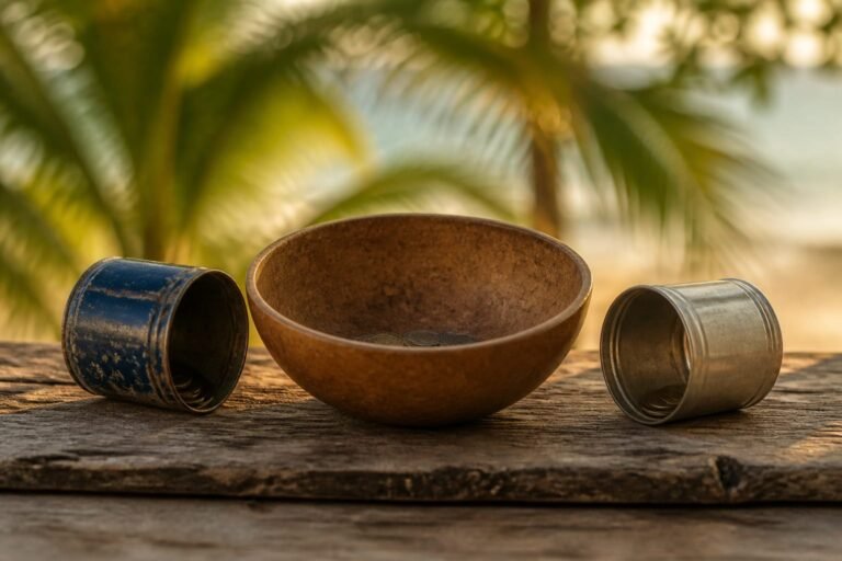 Two small tins tipped towards a shared calabash bowl containing a few coins in warm light.
