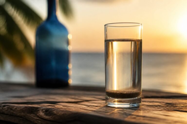A glass of clear water with dark sand settled at the bottom beside a blue bottle at sunset.