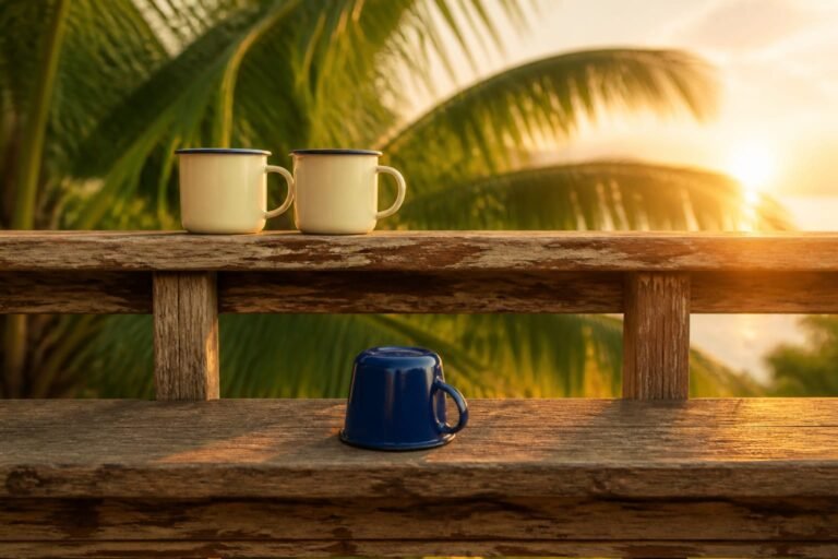 Two cream enamel cups together on a sunlit rail above a blue cup set aside in the shade.