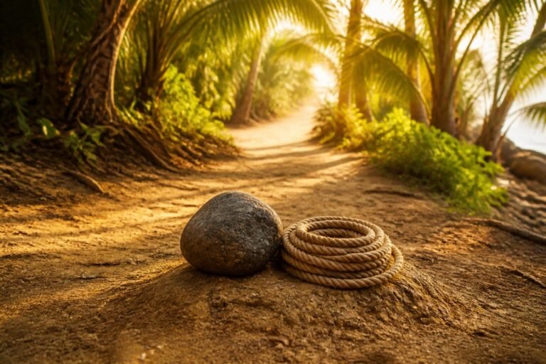 A dark stone and coiled rope beside a palm-lined path leading into golden light.