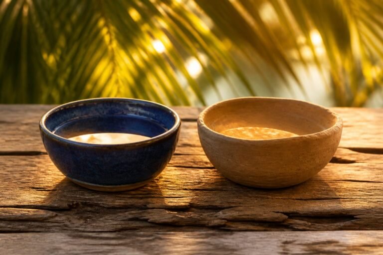 Two handmade clay bowls side by side in warm light, one glazed blue and even, the other unglazed and slightly lopsided.