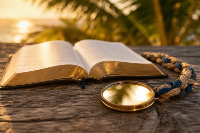 An open Bible beside a round mirror and a blue-and-natural braided cord in warm light.