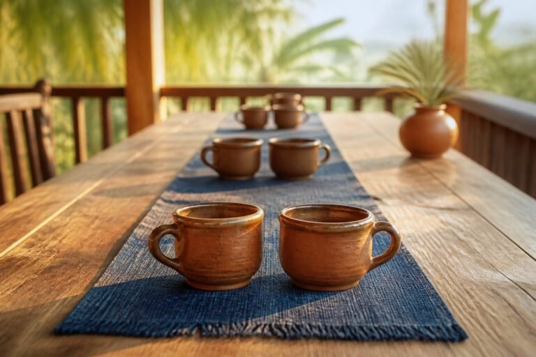 Several pairs of handmade clay cups arranged along an indigo runner on a Caribbean verandah table.