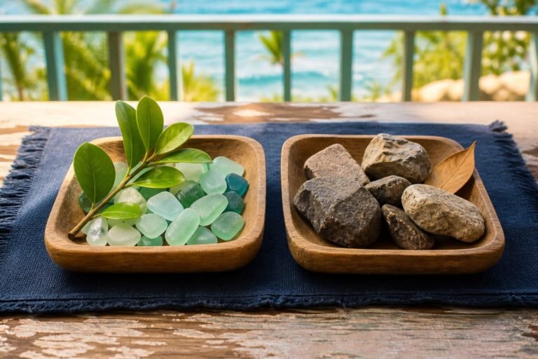 Two wooden trays holding smooth sea glass and green leaves beside rough stones and a dry leaf.
