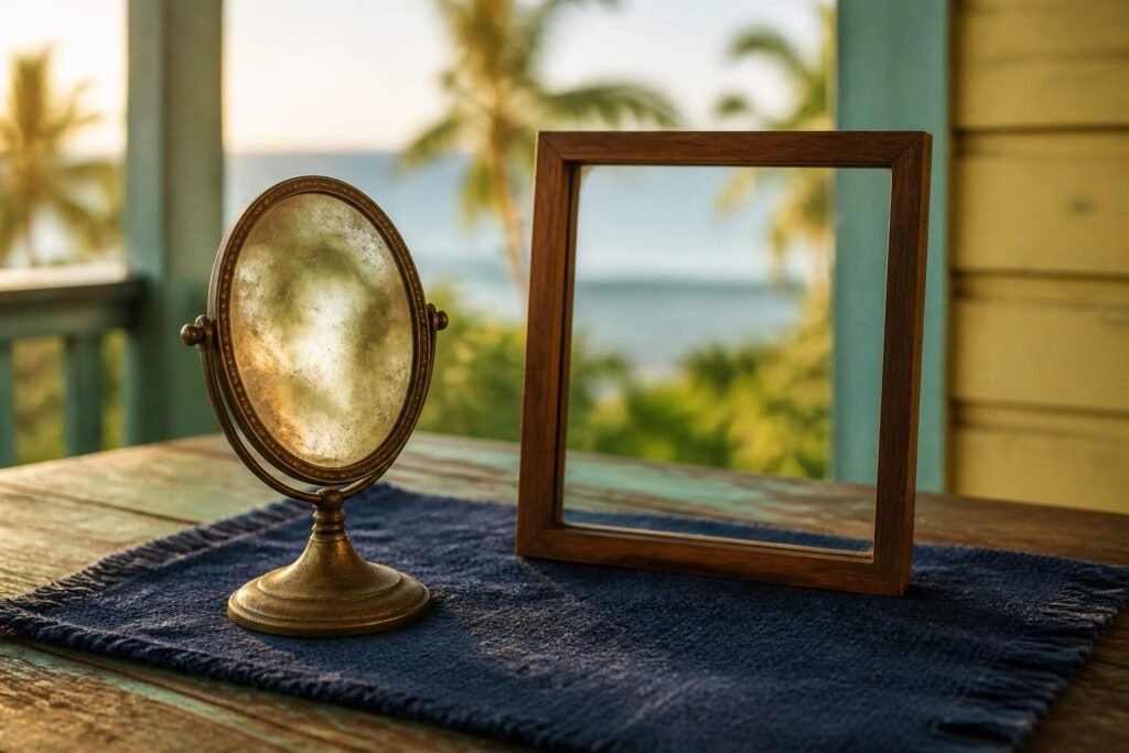 A clouded antique mirror beside a clear glass pane on an indigo cloth.