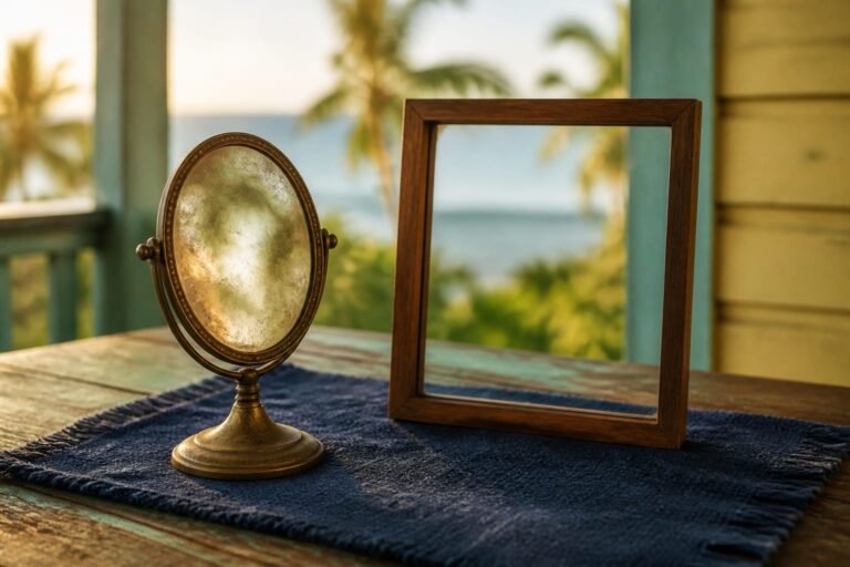 A clouded antique mirror beside a clear glass pane on an indigo cloth.