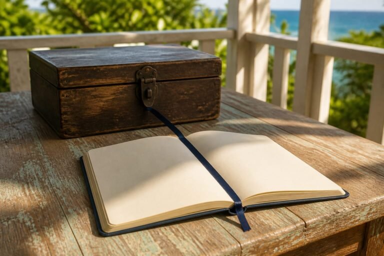 A weathered keepsake box casting a shadow across an open blank notebook.