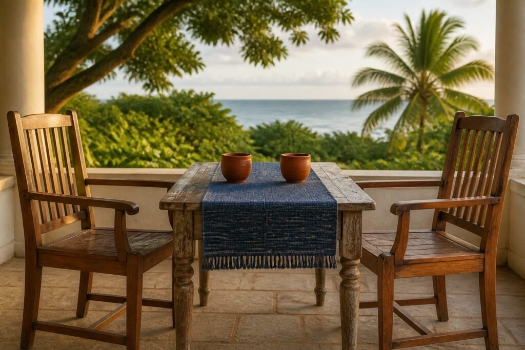 Two wooden chairs facing each other across a small table with two clay cups.