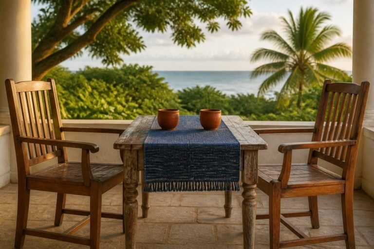 Two wooden chairs facing each other across a small table with two clay cups.