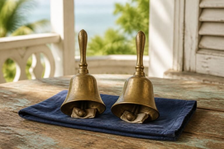 Two brass bells resting on indigo cloth with their clappers cushioned by cream fabric.
