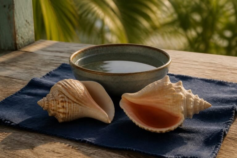Two conch shells angled towards each other beside a bowl of still water.