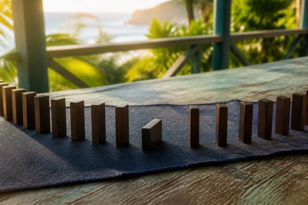 A line of upright wooden dominoes interrupted by one piece turned sideways.