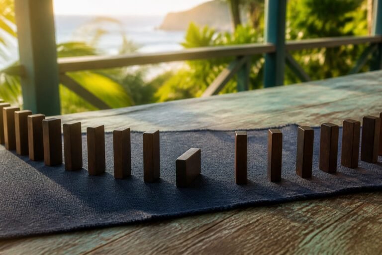 A line of upright wooden dominoes interrupted by one piece turned sideways.