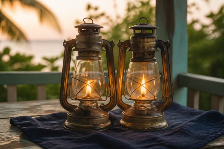 Two lit hurricane lanterns standing close together on an indigo cloth.