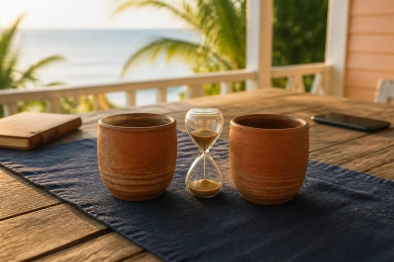 Two clay cups and an hourglass centred on an indigo runner, with work items set aside.