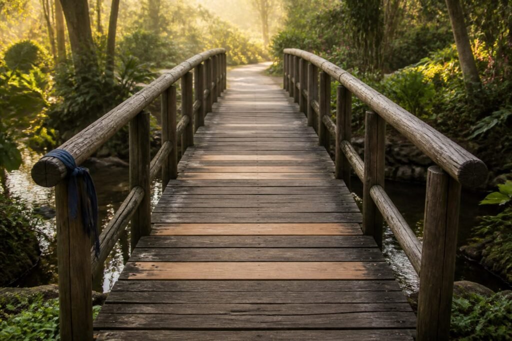 A sturdy wooden footbridge with several newer planks crossing a tropical stream.