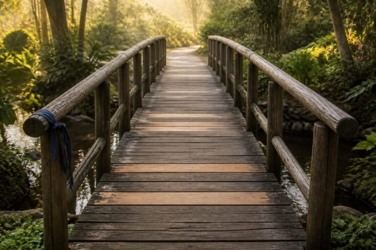 A sturdy wooden footbridge with several newer planks crossing a tropical stream.