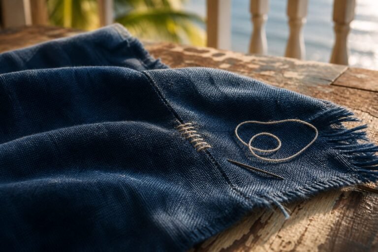 A small repaired seam in indigo cloth beside cream thread and a needle.
