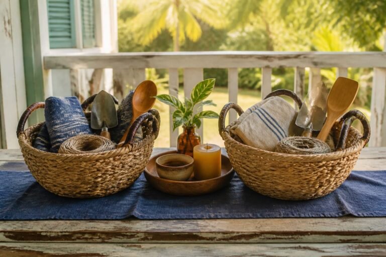 Two woven baskets of shared household and garden tools beside a central tray.