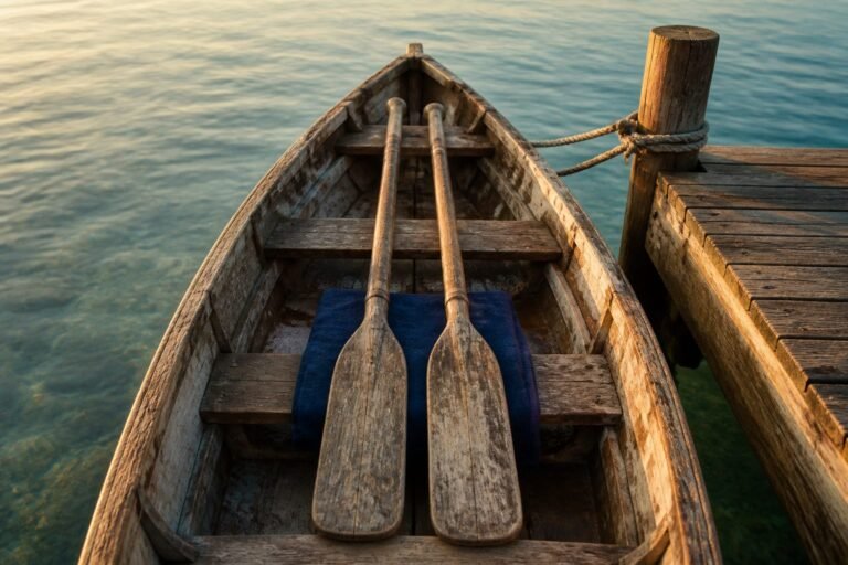 Two wooden oars resting parallel inside a weathered boat tied at a quiet dock.