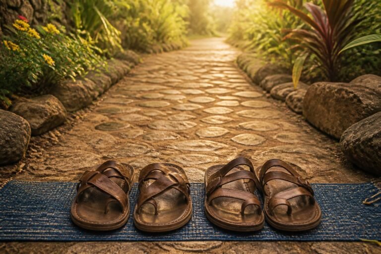 Two pairs of worn leather sandals placed together at the start of a sunlit garden path.