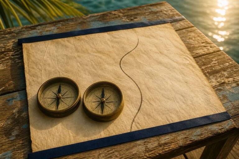 Two brass compasses pointing the same way on an unlabelled route map.