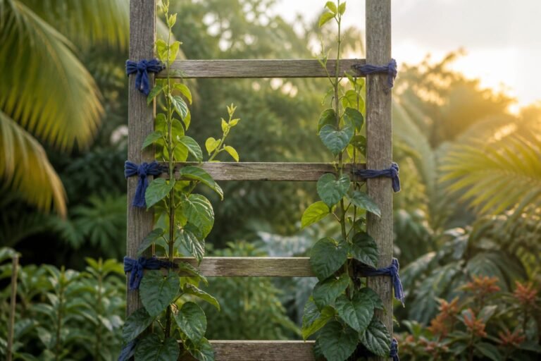 Two healthy vines growing side by side on a wooden trellis with indigo ties.
