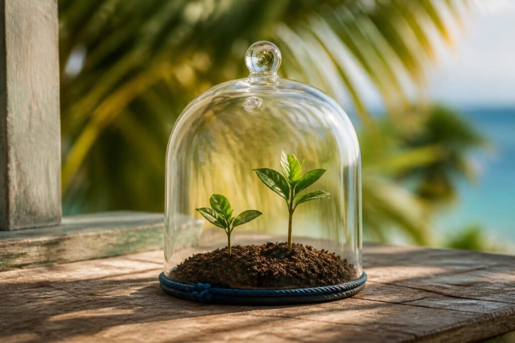 Two green seedlings protected beneath a clear glass cloche.