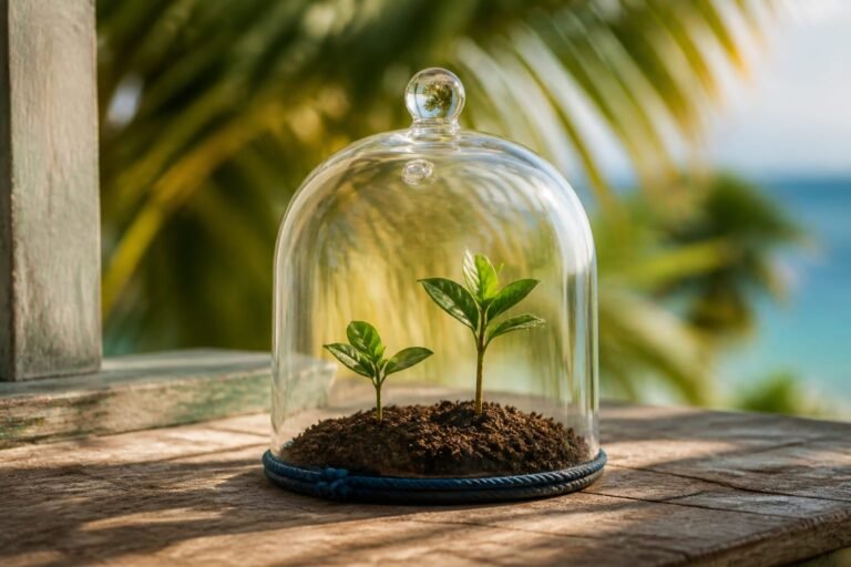 Two green seedlings protected beneath a clear glass cloche.