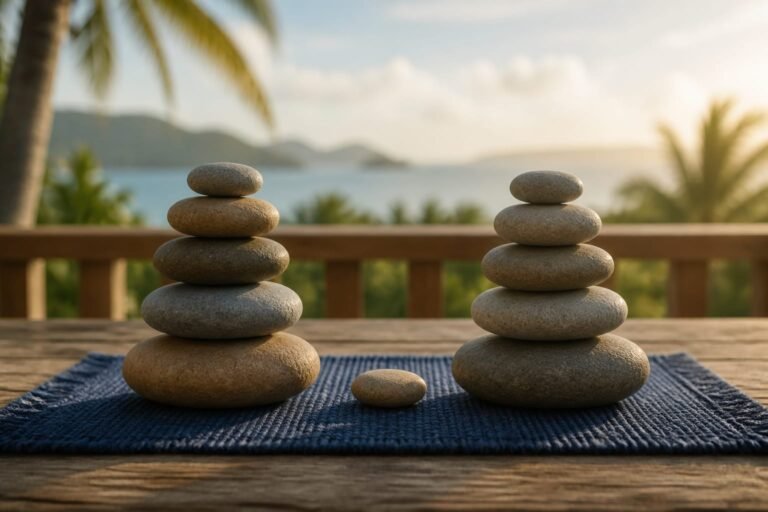 Two low stacks of smooth river stones with one small stone resting between them.