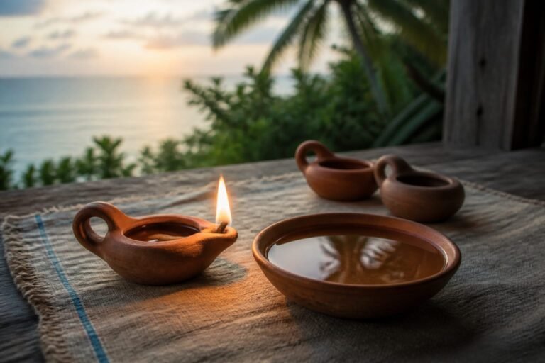 One lit clay lamp and a clear water bowl before two unlit lamps on a Caribbean verandah.