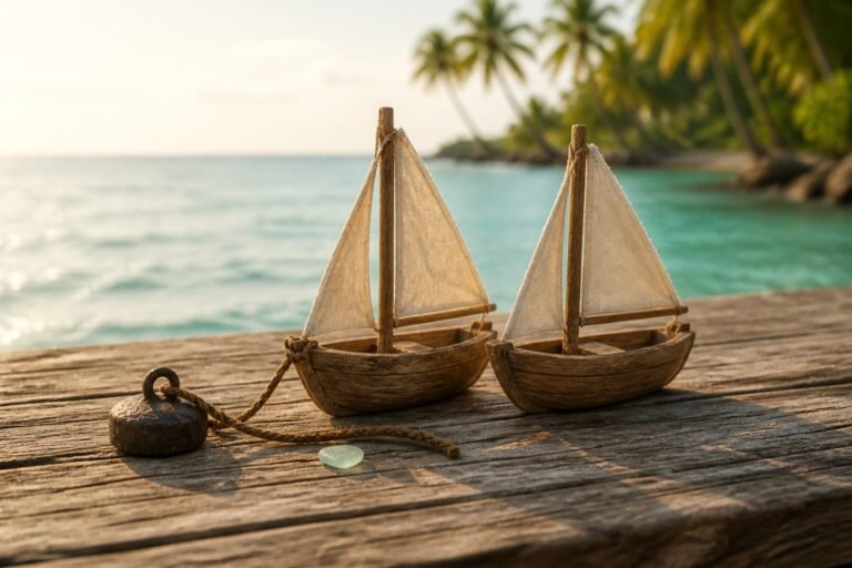 Two handmade sailboat models beside an iron weight and brown cord on a Caribbean dock.