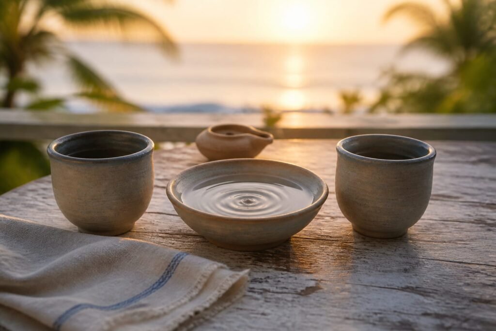 Two clay cups facing across a shallow bowl of water with a fading ripple.