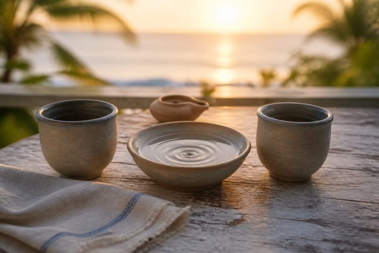 Two clay cups facing across a shallow bowl of water with a fading ripple.