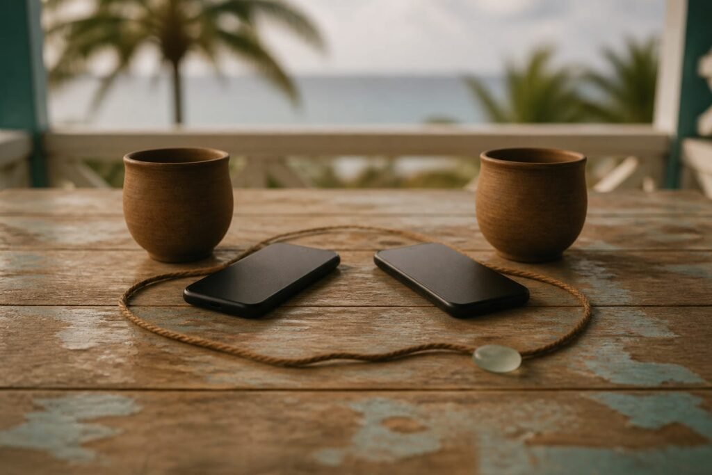 Two clay cups behind two blank-screen phones encircled by brown cord.