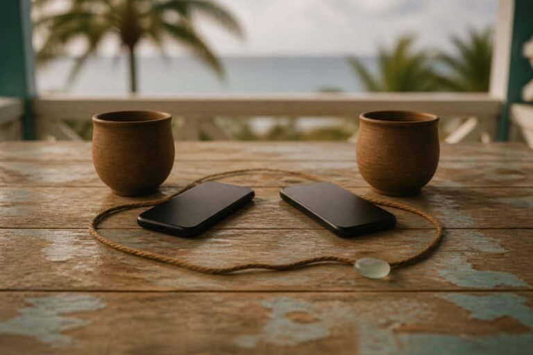Two clay cups behind two blank-screen phones encircled by brown cord.