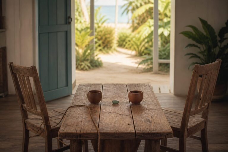 Two empty wooden chairs at a table with an open Caribbean garden path beyond.