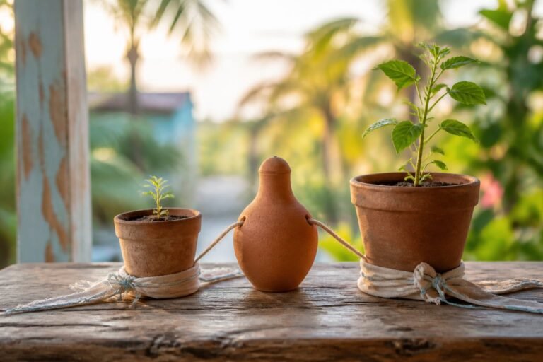 A seedling and young plant connected to a clay slow-watering vessel.