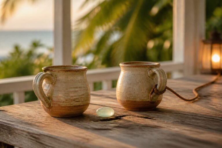 Two matching clay vessels with a cord leading from one towards a distant lantern.