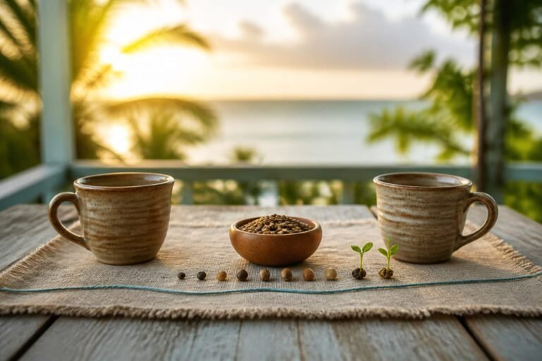 Two clay cups beside a bowl of seeds and two fresh green shoots.